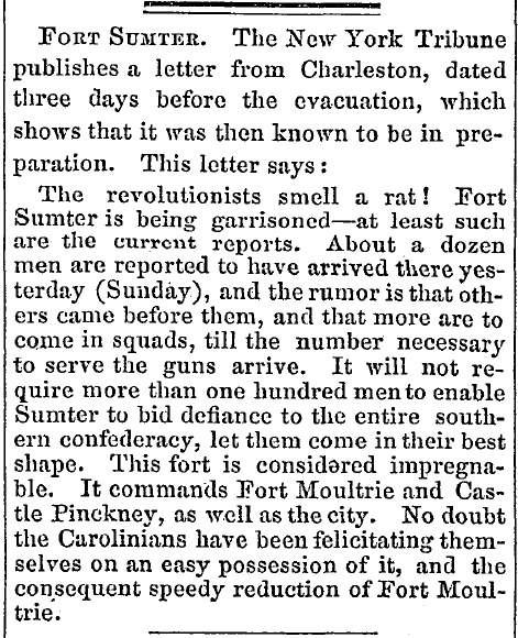 “Fort Sumter,” Lowell (MA) Citizen & News, December 31, 1860