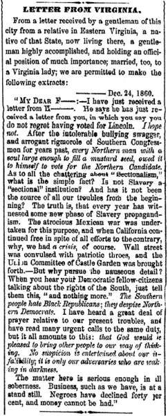 “Letter From Virginia,” Cleveland (OH) Herald, January 2, 1861