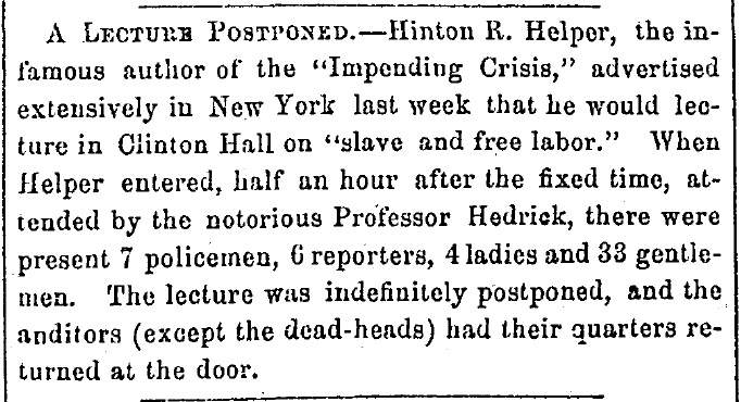 “A Lecture Postponed,” Fayetteville (NC) Observer, January 14, 1861
