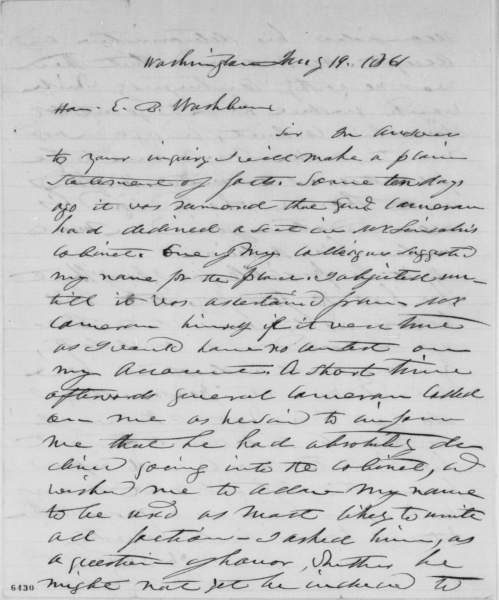 Thaddeus Stevens to Elihu Washburne, January 19, 1861 (Page 1)
