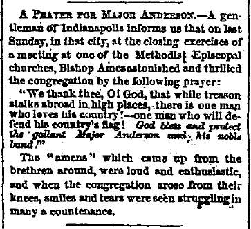 “A Prayer For Major Anderson,” Chicago (IL) Tribune, January 22, 1861