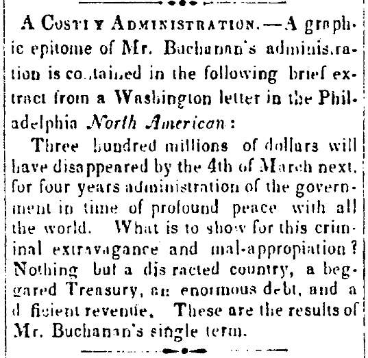 “A Costly Administration,” Atchison (KS)  Freedom’s Champion, February 2, 1861