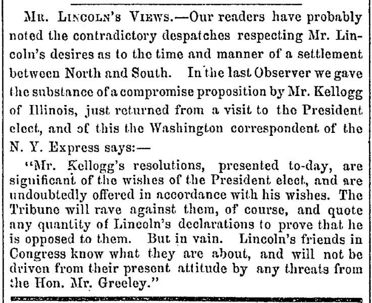 “Mr. Lincoln’s Views,” Fayetteville (NC) Observer, February 7, 1861