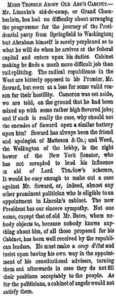 “More Trouble About Old Abe’s Cabinet,” New York Herald, February 10, 1861
