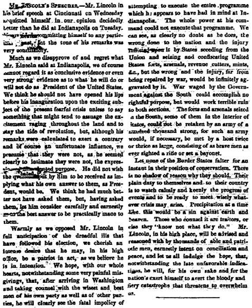 “Mr. Lincoln’s Speeches,” Louisville (KY) Journal, February 14, 1861