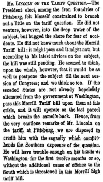 “Mr. Lincoln on the Tarriff Question,” New York Herald, February 17, 1861