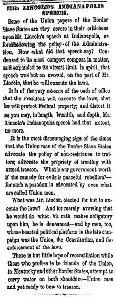 “Mr. Lincoln’s Indianapolis Speech,” Cleveland (OH) Herald, February 19, 1861