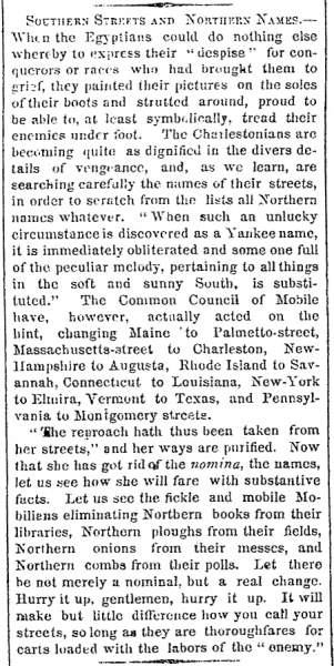 “Southern Streets and Northern Names,” New York Times, February 20, 1861