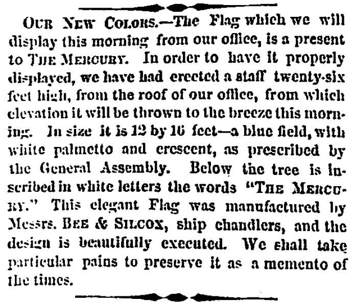 “Our New Colors,” Charleston (SC) Mercury, February 21, 1861