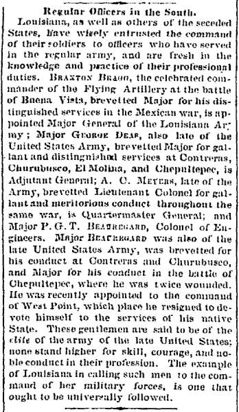 “Regular Officers in the South,” Richmond (VA) Dispatch, February 22, 1861