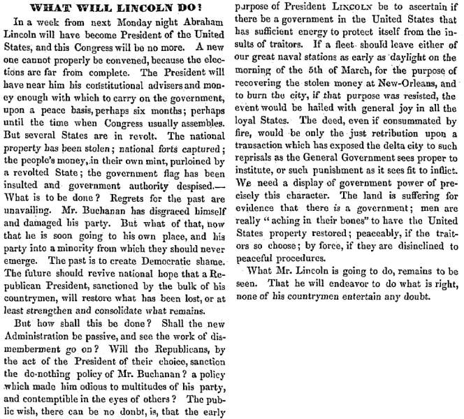 “What Will Lincoln Do?,” (Concord) New Hampshire Statesman, February 23, 1861