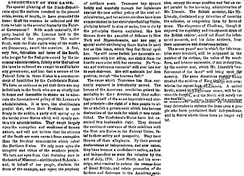 “Enforcement of the Laws,” Memphis (TN) Appeal, February 24, 1861
