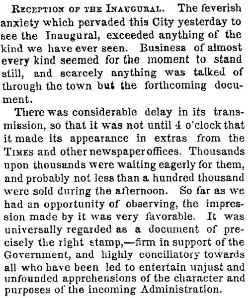 “Reception of the Inaugural,” New York Times, March 5, 1861