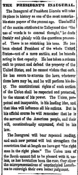 “The President’s Inaugural,” Cleveland (OH) Herald, March 5, 1861