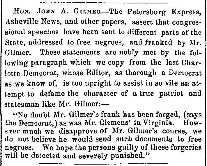 “Hon. John A. Gilmer,” Fayetteville (NC) Observer, March 7, 1861