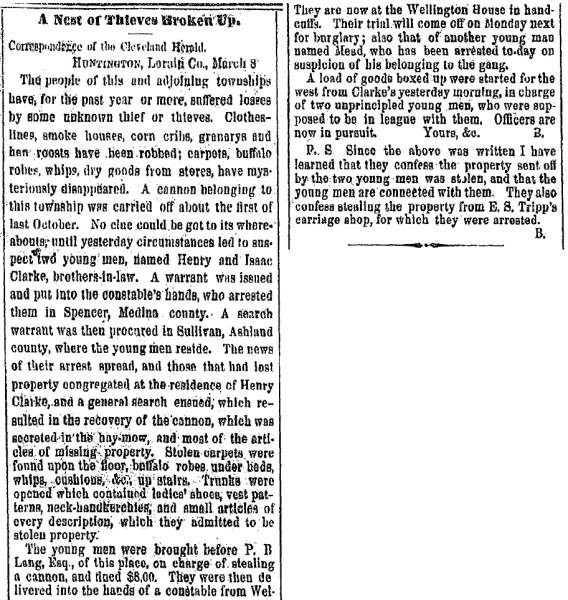 “A Nest of Thieves Broken Up,” Cleveland (OH) Herald, March 9, 1861