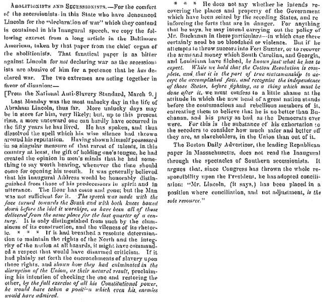 “Abolitionists and Secessionists,” Fayetteville (NC) Observer, March 14, 1861