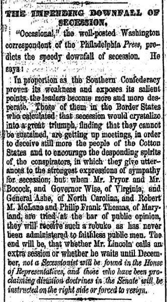 “The Impending Downfall of Secession,” Cleveland (OH) Herald, March 16, 1861
