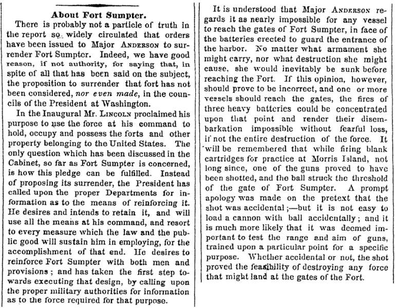 “About Fort Sumpter [Sumter],” New York Times, March 18, 1861 (Page 1)