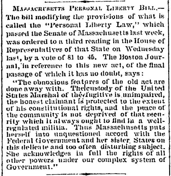 “Massachusetts Personal Liberty Bill,” Richmond (VA) Dispatch, March 19, 1861