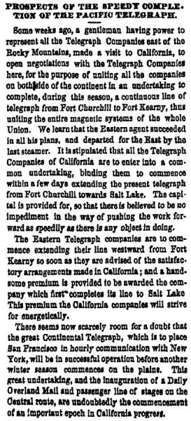 “Prospects of the Speedy Completion of the Pacific Telegraph,” San Francisco (CA) Evening Bulletin, March 27, 1861