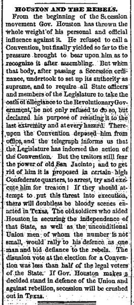 “Houston and the Rebels,” Chicago (IL) Tribune, March 28, 1861