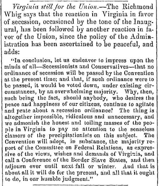“Virginia Still for the Union,” Fayetteville (NC) Observer, March 28, 1861