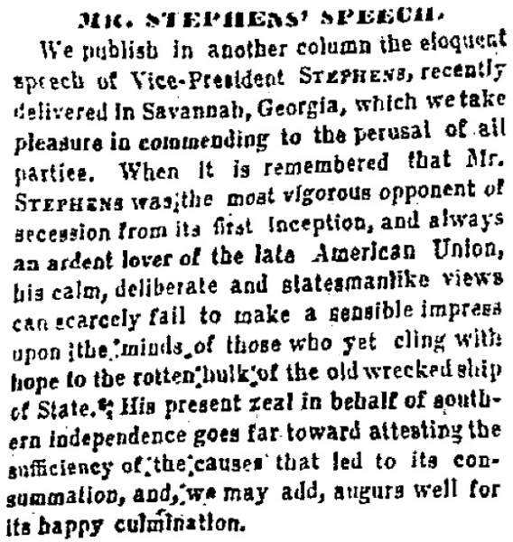 “Mr. Stephens’ Speech,” Memphis (TN) Appeal, March 29, 1861