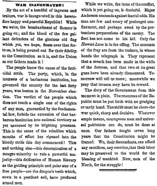 “War Inaugurated!,” Chicago (IL) Tribune, April 13, 1861