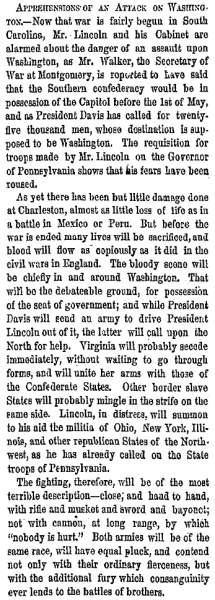 “Apprehensions of an Attack on Washington,” New York Herald, April 14, 1861
