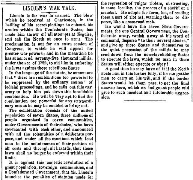 “Lincoln’s War Talk,” New Orleans (LA) Picayune, April 15, 1861