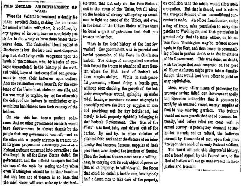 “The Dread Arbitrament of War,” Cleveland (OH) Herald, April 15, 1861
