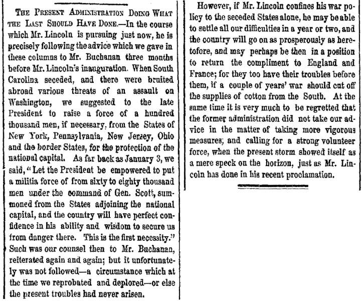 “The Present Administration Doing What The Last Should Have Done,” New York Herald, April 16, 1861