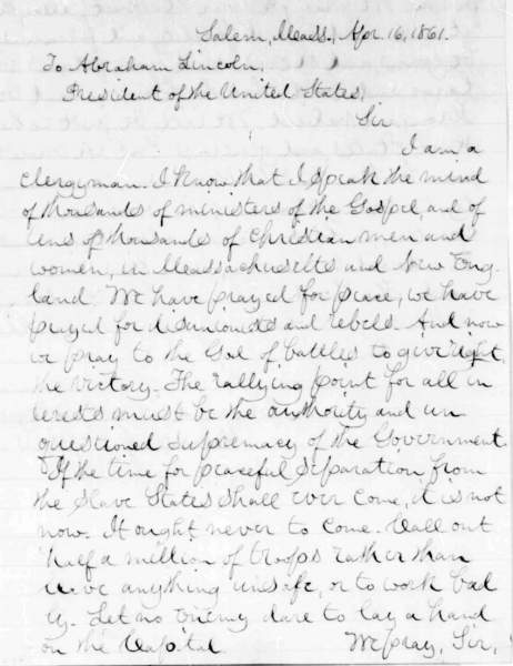 Alexander J. Sessions to Abraham Lincoln, April 16, 1861 (Page 1)