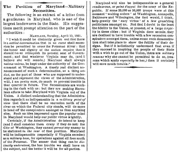 “The Position of Maryland,” New York Times, April 20, 1861