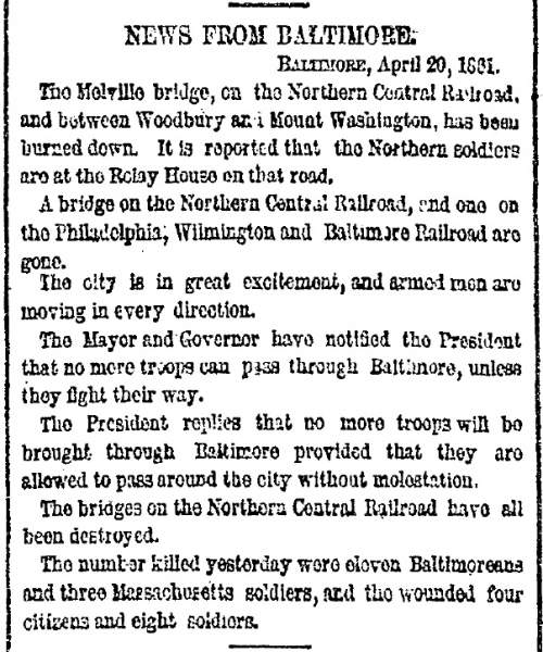 “News from Baltimore,” New York Herald, April 21, 1861