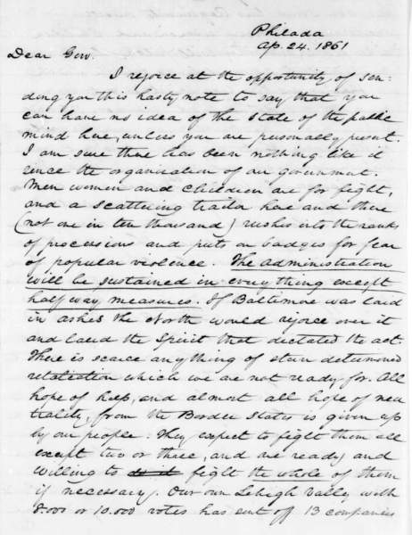 Andrew H. Reeder to Simon Cameron, April 24, 1861 (Page 1)