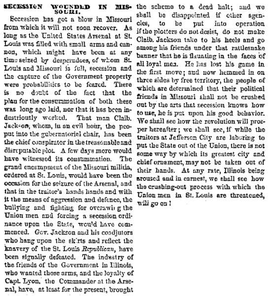 “Secession Wounded in Missouri,” Chicago (IL) Tribune, April 27, 1861