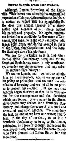 “Brave Words from Brownlow,” Cleveland (OH) Herald, April 30, 1861