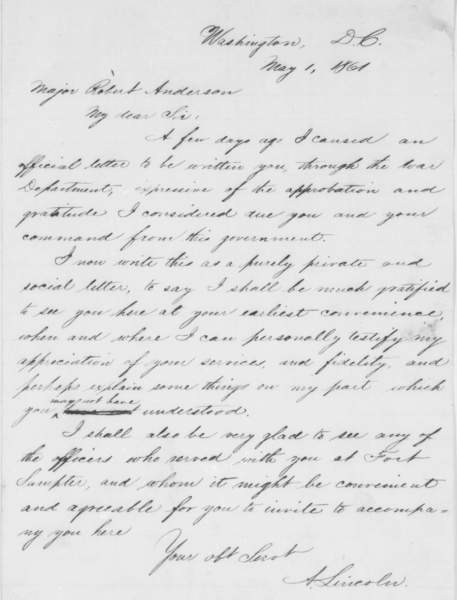Abraham Lincoln to Robert Anderson, May 1, 1861
