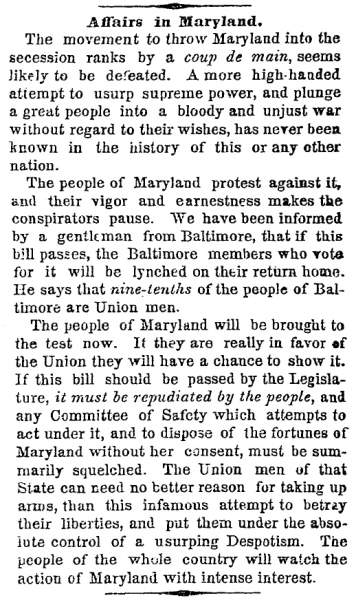 “Affairs in Maryland,” New York Times, May 5, 1861