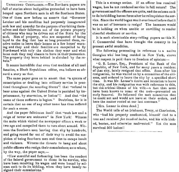 “Unfounded Complaints,” Fayetteville (NC) Observer, May 9, 1861