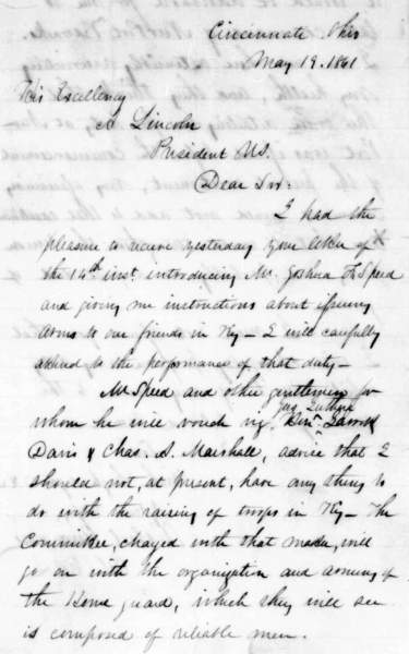 Robert Anderson to Abraham Lincoln, May 19, 1861 (Page 1)