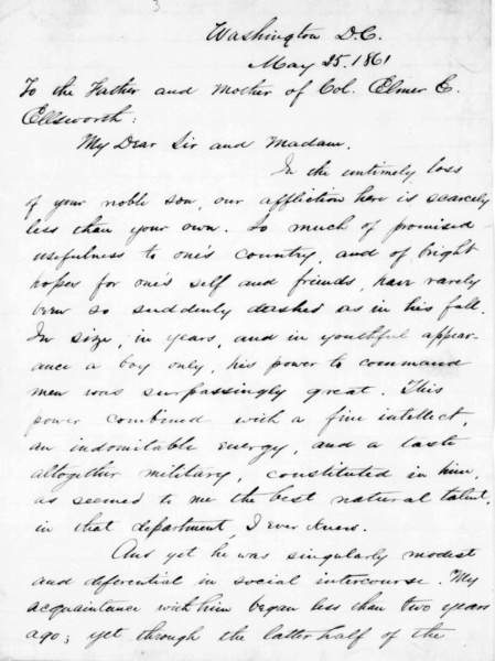 Abraham Lincoln to Ephraim and Phoebe Ellsworth, May 25, 1861 (Page 1)