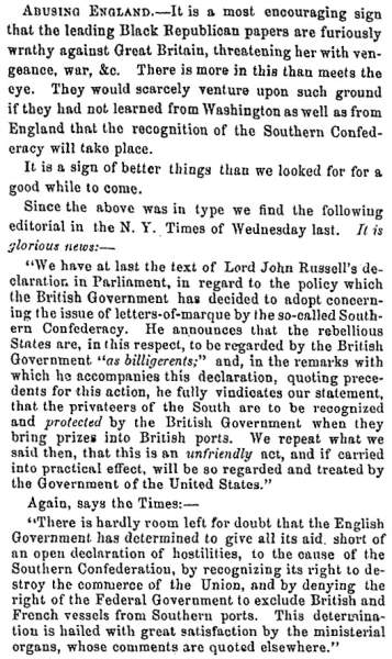 “Abusing England,” Fayetteville (NC) Observer, May 27, 1861