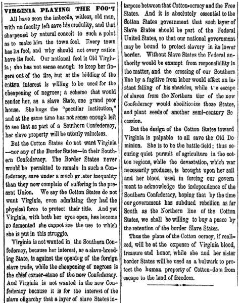 “Virginia Playing the Foot,” Cleveland (OH) Herald, June 4, 1861