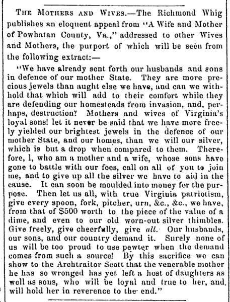 “The Mothers and Wives,” Fayetteville (NC) Observer, June 6, 1861