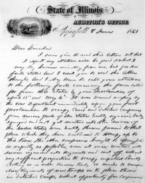 Jesse K. Dubois to Abraham Lincoln, June 8, 1861 (Page 1)