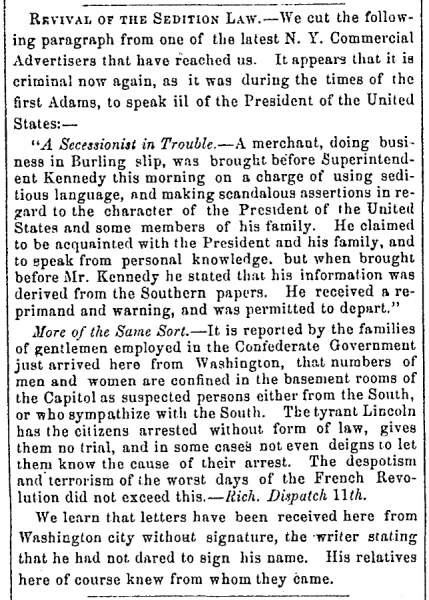 “Revival of the Sedition Law,” Fayetteville (NC) Observer, June 13, 1861