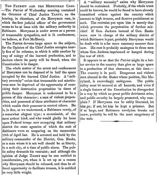 “The Patriot and the Merryman Case,” (Concord) New Hampshire Statesman, June 15, 1861